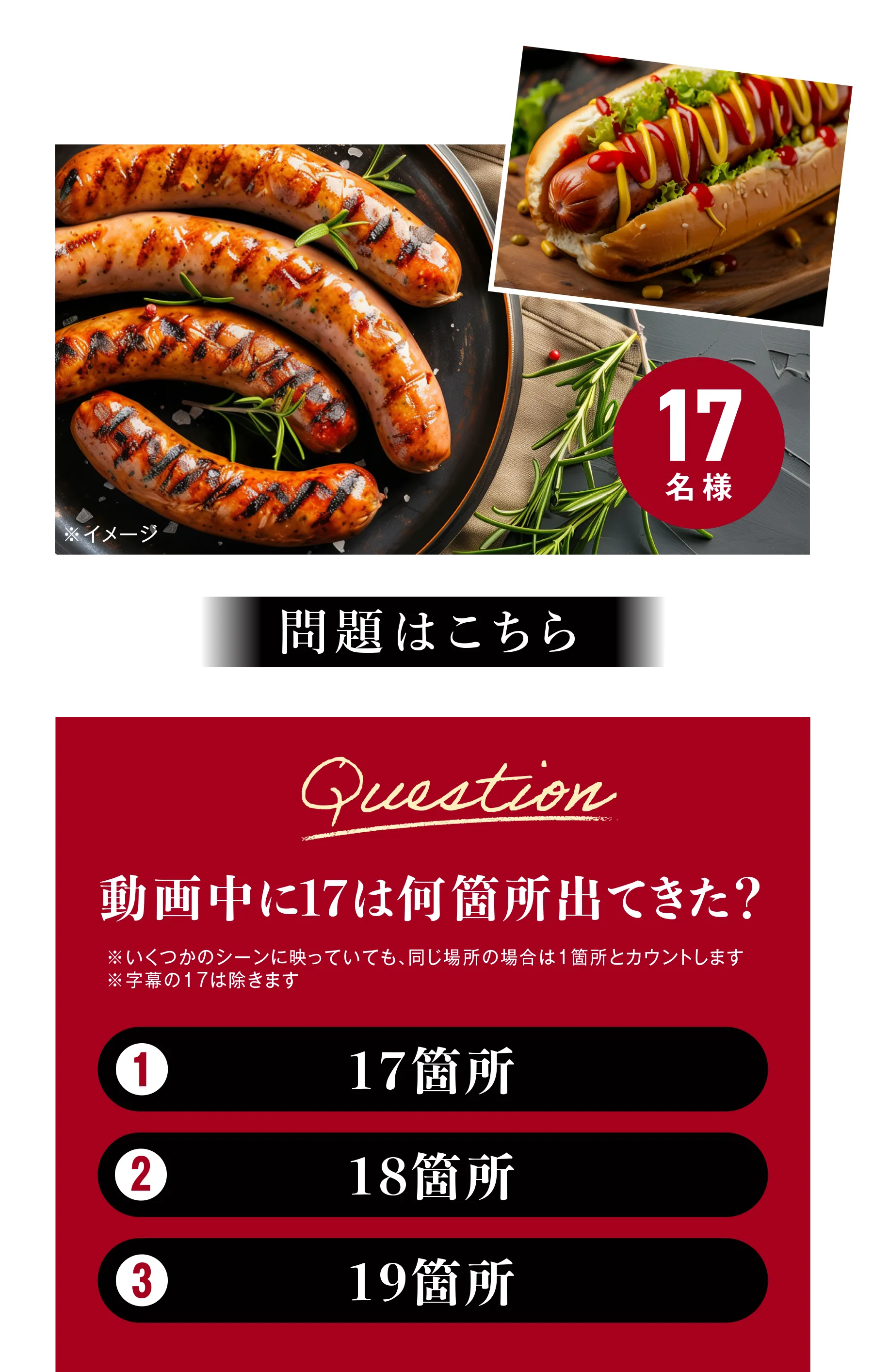 問題　動画中に17は何箇所出てきた？ 1:7箇所 2:8箇所 3:9箇所